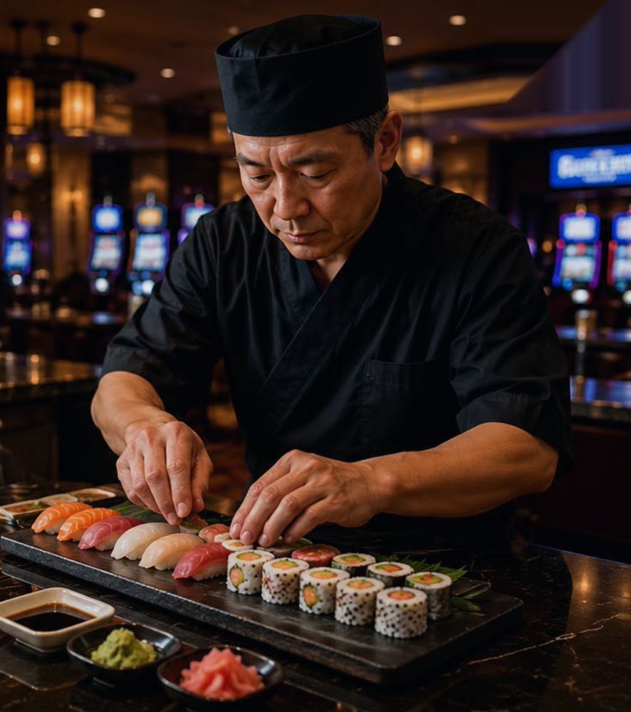 umi bōzu chef plating sushi at a casino lounge
